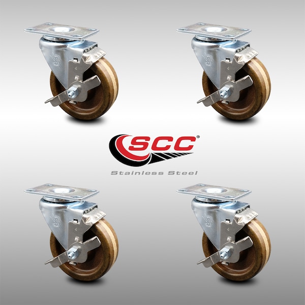 4 Inch SS High Temp Phenolic Swivel Top Plate Caster Set with Brake SCC